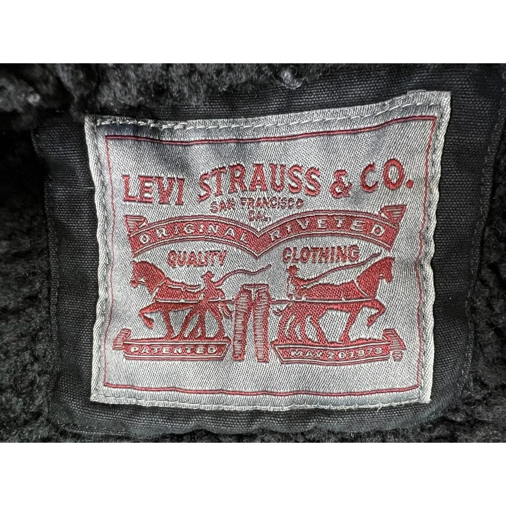 Levis Jacket Mens Large Black Canvas Military Hooded Sherpa Lined Full Zip